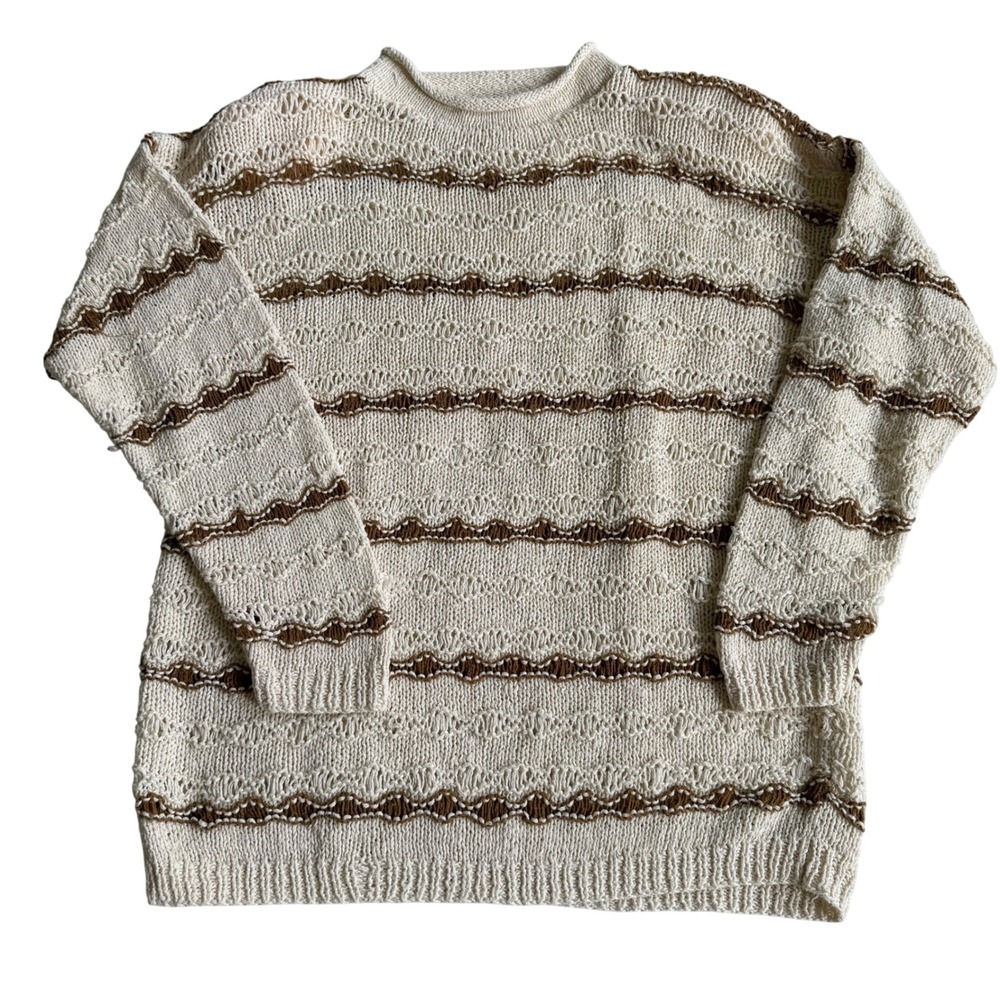 VTG New York Style Knit Sweater L Ramie Cotton Blend Striped Brown Open Weave